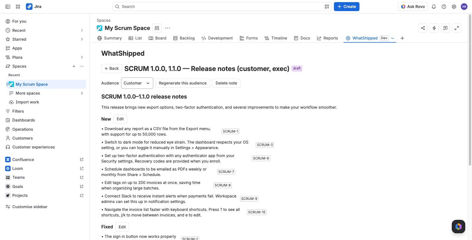 Review screen: bullets with issue-key chips, the excluded-issue report and the cost of the draft